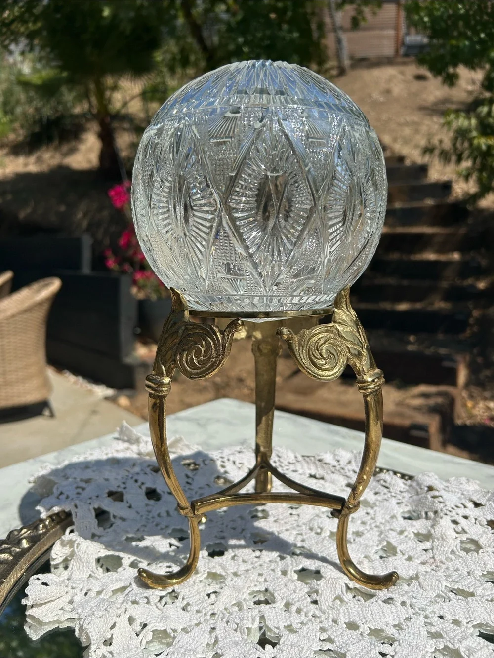 Brass Tripod Stand with Cut Crystal Globe - Clear